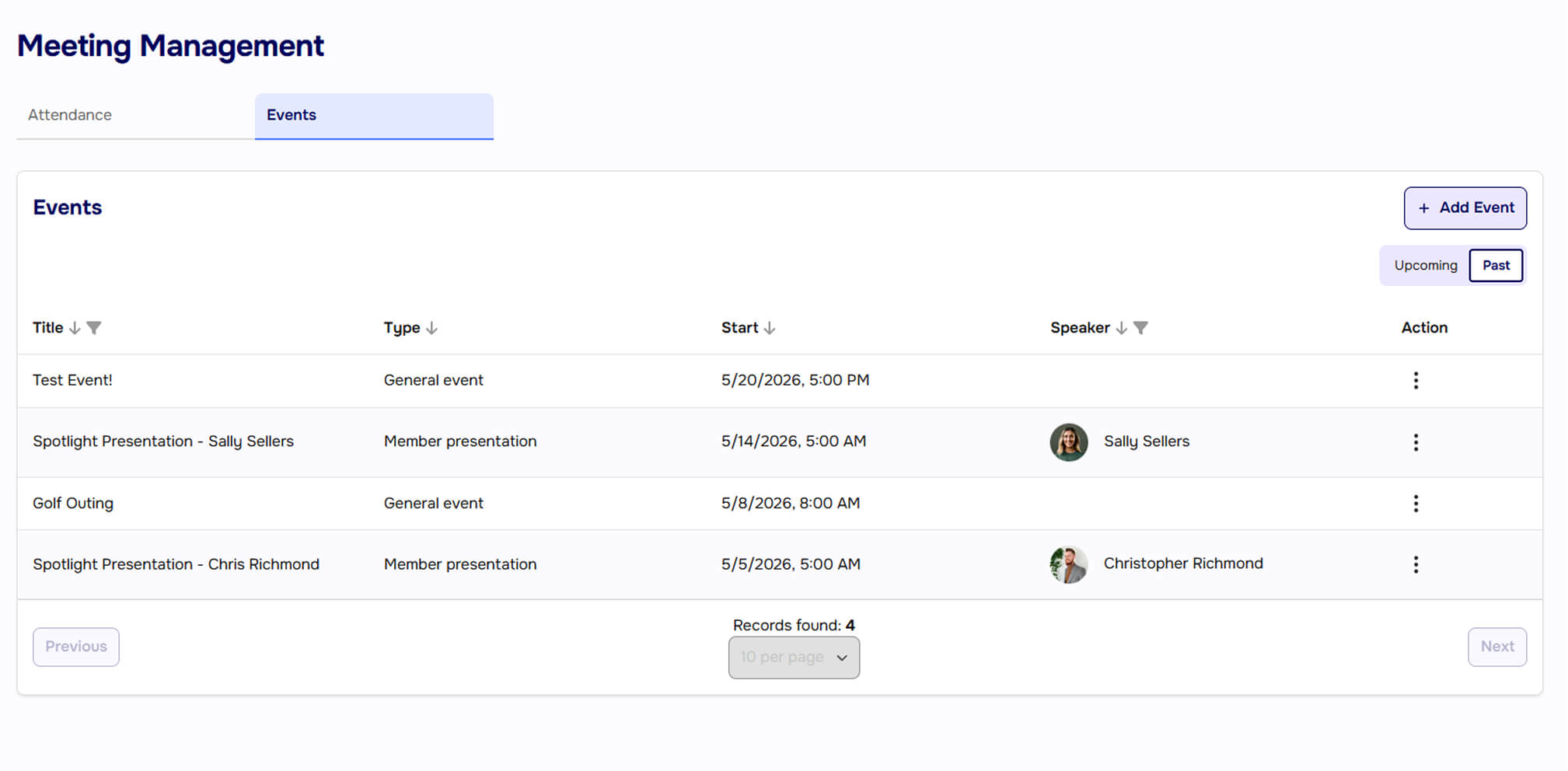 Screenshot of Events dashboard in member portal.
