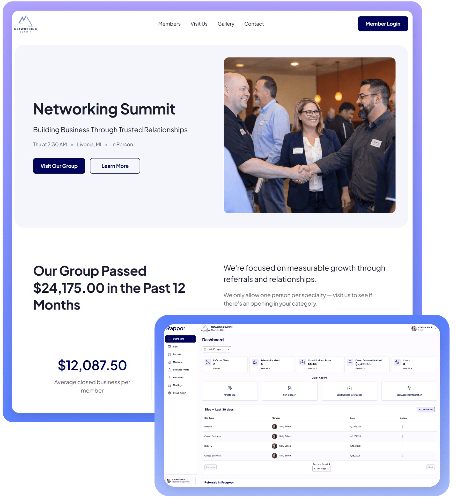 Image collage of example group landing page + member portal.